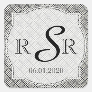 Sticker Carré Monogramme de Mariage de hareng noir et blanc