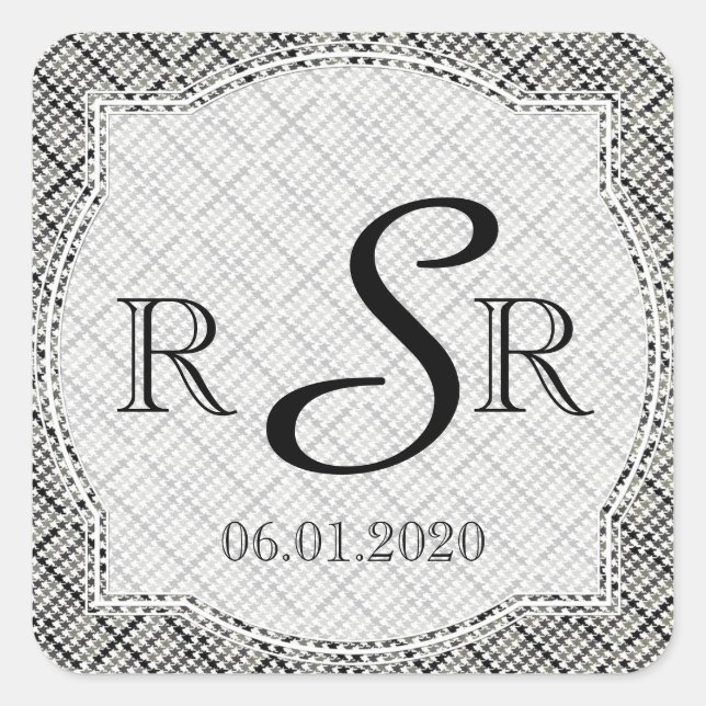 Sticker Carré Monogramme de Mariage de hareng noir et blanc (Devant)