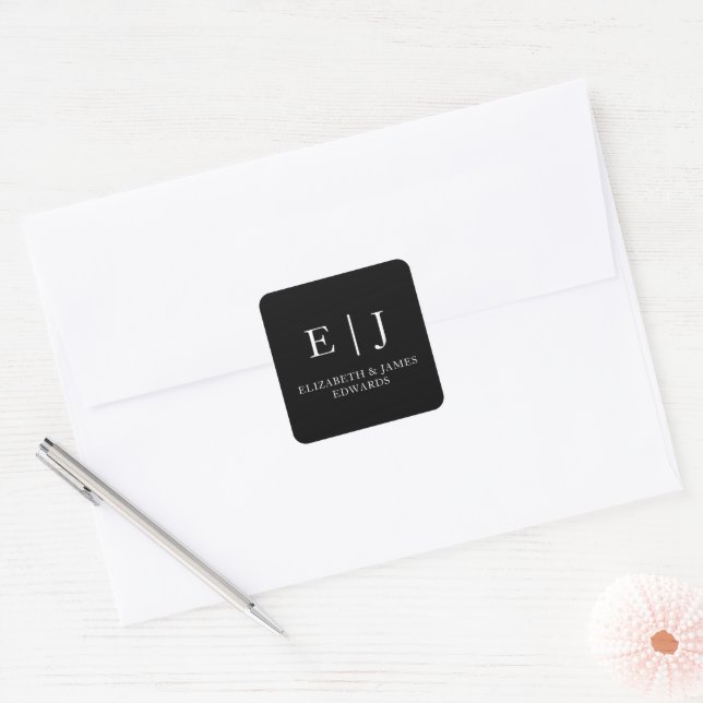 Sticker Carré Monogramme de mariage simple noir pour couple  (Enveloppe)