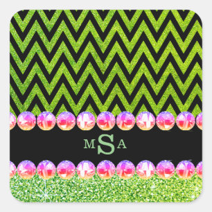 Sticker Carré Monogramme de Parties scintillant verte Chevron Ro