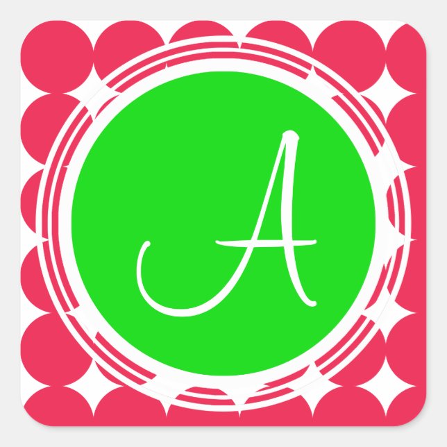 Sticker Carré Monogramme de point Polka vert et rouge (Devant)