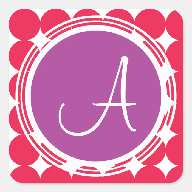 Sticker Carré Monogramme de point Polka violet et rouge (Devant)