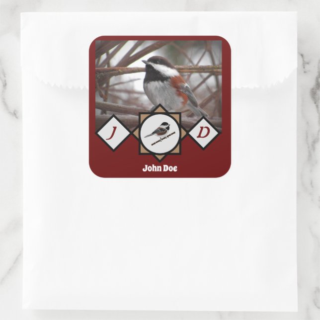 Sticker Carré Monogramme de poulet à dos de châtaignier adorable (Sac)