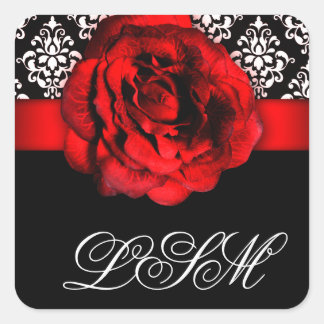 Sticker Carré Monogramme de rose rouge Mariage damassé de Noël