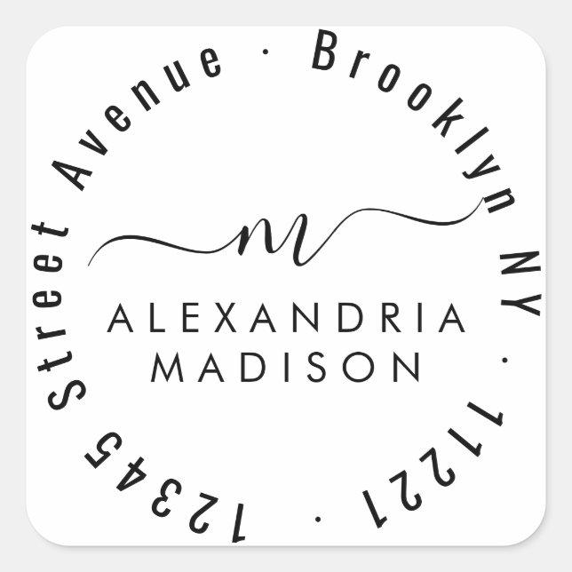 Sticker Carré Monogramme de script de fille moderne Adresse init (Devant)