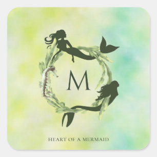 Sticker Carré Monogramme de sirènes de courge d'eau de l'océan