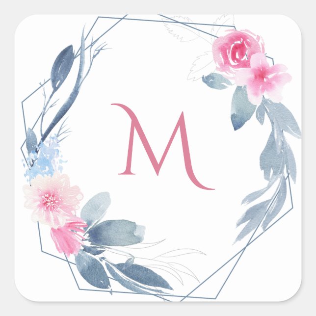 STICKER CARRÉ MONOGRAMME D'EAU FLORALE BLEU DOUX (Devant)