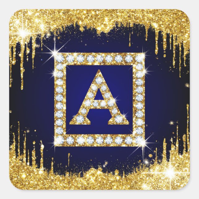 Sticker Carré Monogramme doré initial A avec paillettes bleues (Devant)