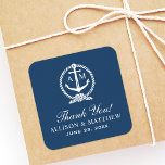 Sticker Carré Monogramme du Mariage d'Ancre bleu marine<br><div class="desc">L'autocollant de faveur du mariage nautique de préppy moderne "Merci" comporte un monogramme mariage affiché à l'intérieur d'une ancre de bateau avec cadre de noeud de corde et texte personnalisé. Autocollant carré avec coins arrondis. Bleu marine,  gris clair et blanc.</div>