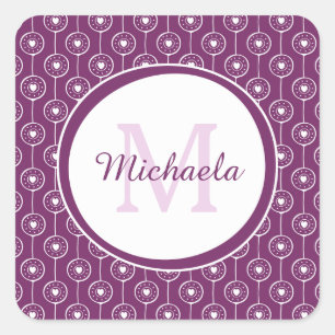 Sticker Carré Monogramme élégant au coeur violet et blanc avec n