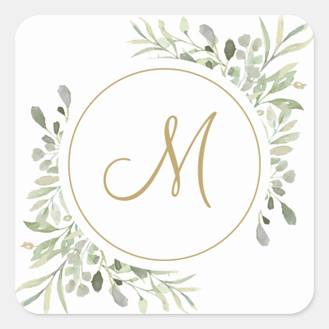 Sticker Carré Monogramme élégant en écriture dorée avec feuillag (Devant)
