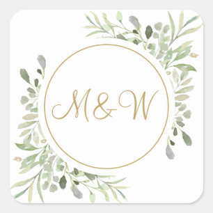 Sticker Carré Monogramme élégant en écriture dorée avec verdure
