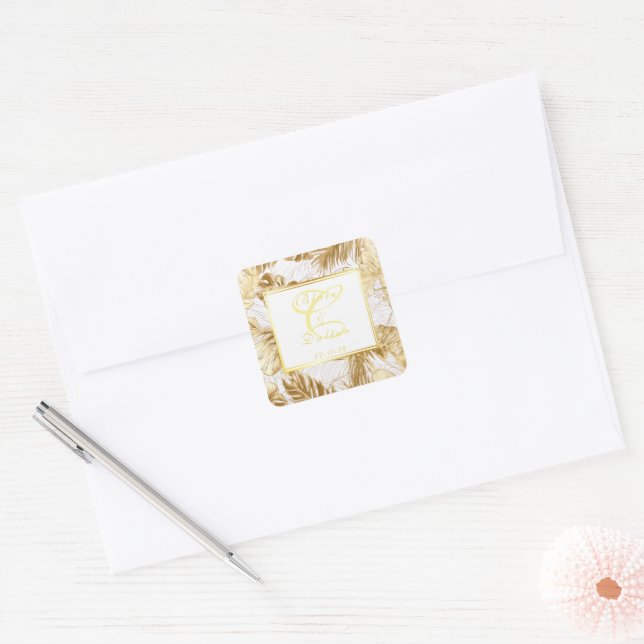 Sticker Carré Monogramme Elegant Monstera Gilded Gold Mariage (Enveloppe)
