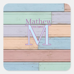 Sticker Carré monogramme en bois coloré pastel rustique année d'