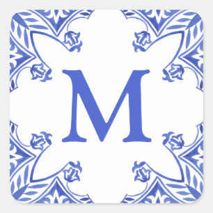 Sticker Carré Monogramme en tuiles florales bleues et blanches