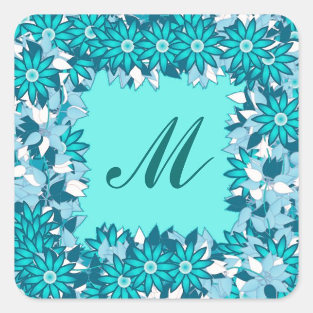Sticker Carré Monogramme encadré de fleurs - bleu et blanc (Devant)