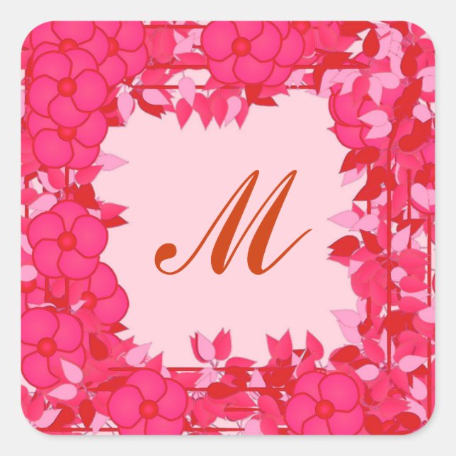 Sticker Carré Monogramme encadré de fleurs - fuchsia et rose (Devant)