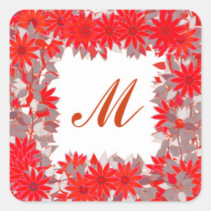 Sticker Carré Monogramme encadré de fleurs - rouge et gris