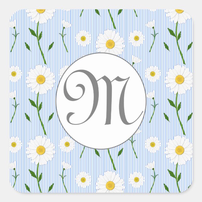 Sticker Carré Monogramme Été Daisy motif floral Bleu bande (Devant)
