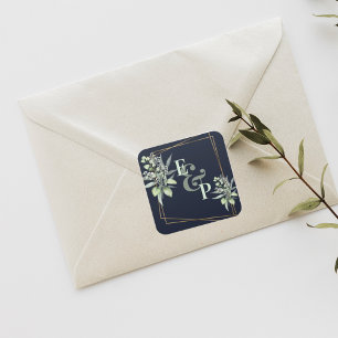 Sticker Carré Monogramme Eucalyptus Feuille Mariage vert mignon