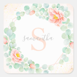 Sticker Carré Monogramme Eucalyptus Feuille Peony Floral Peach S