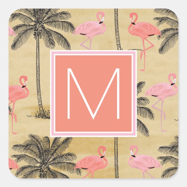 Sticker Carré Monogramme | Flamants roses roses tropicaux (Devant)