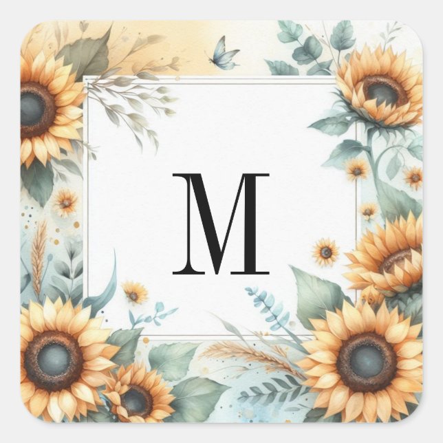 Sticker Carré Monogramme Fleurs de chute et fleurs de soleil aqu (Devant)