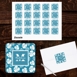 Sticker Carré Monogramme Floral Blanc Sarcelle Feuille de Monste
