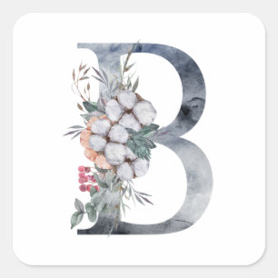 Sticker Carré Monogramme floral bleu initial B