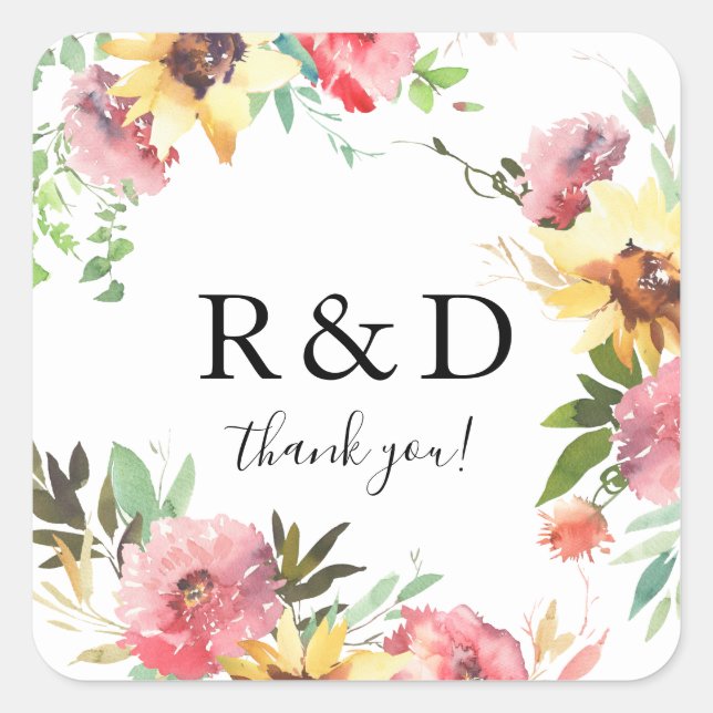 Sticker Carré Monogramme floral de tournesol d'été (Devant)