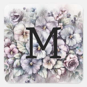 Sticker Carré Monogramme floral dessin rose pansies fleurs