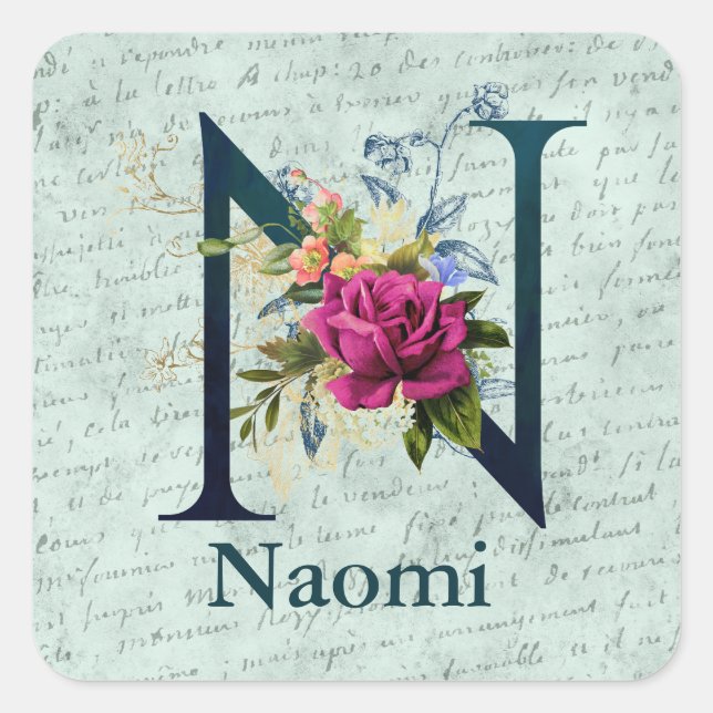 Sticker Carré Monogramme floral élégant initial N (Devant)