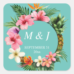 Sticker Carré Monogramme floral hawaïen tropical - Bleu