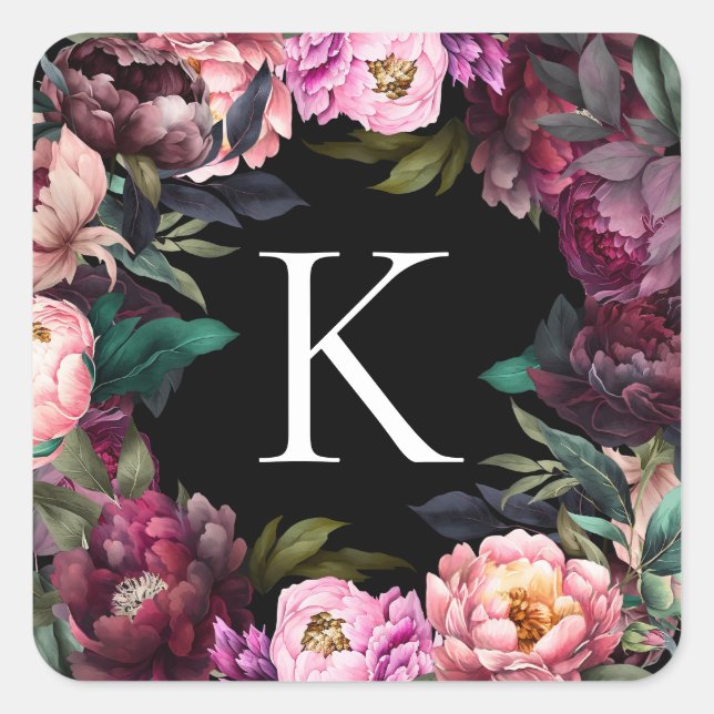 Sticker Carré Monogramme floral moderne | Pivoines douces (Devant)