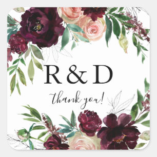 Sticker Carré Monogramme floral rose foncé et bordeaux -