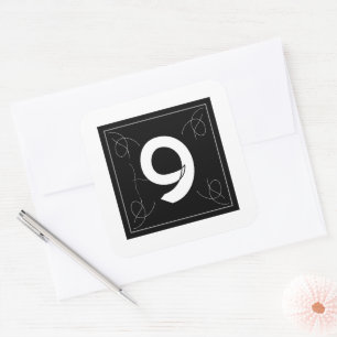 Sticker Carré Monogramme Frame and Flourish Numéro 9 sur fond bl