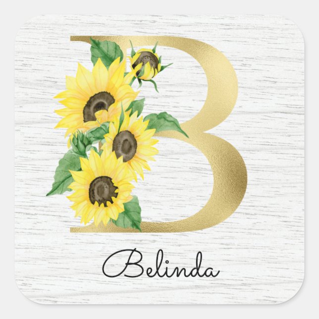 Sticker Carré Monogramme Gold Sunflower Girl Floral initial B (Devant)