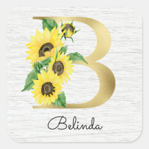 Sticker Carré Monogramme Gold Sunflower Girl Floral initial B