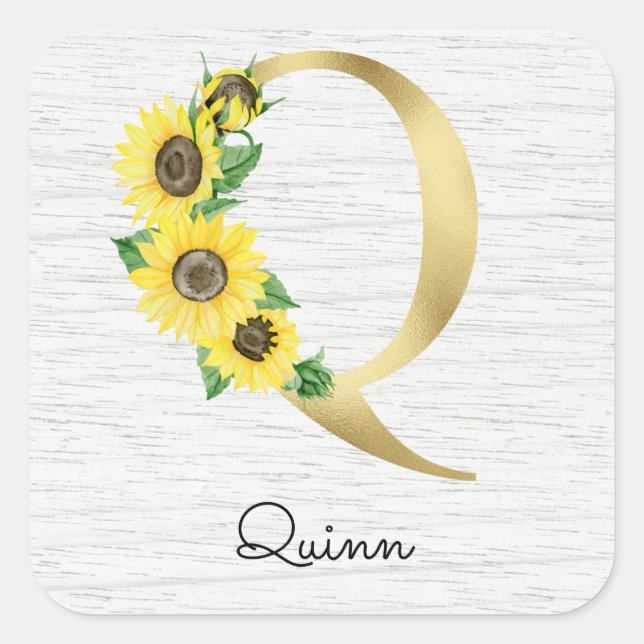 Sticker Carré Monogramme Gold Sunflower Girl Floral initial Q (Devant)