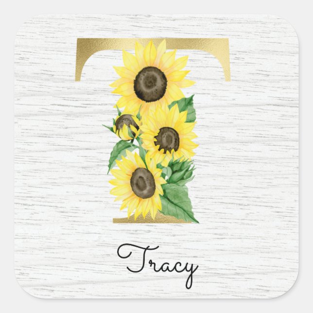 Sticker Carré Monogramme Gold Sunflower Girl Floral Initial T (Devant)