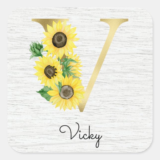Sticker Carré Monogramme Gold Sunflower Girl Floral Initial V (Devant)