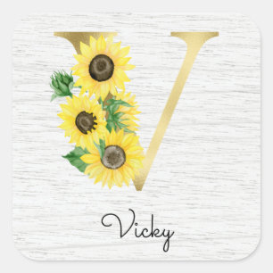 Sticker Carré Monogramme Gold Sunflower Girl Floral Initial V