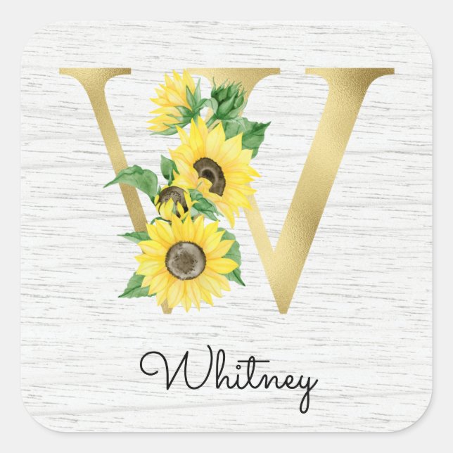 Sticker Carré Monogramme Gold Sunflower Girl Floral Initial W (Devant)