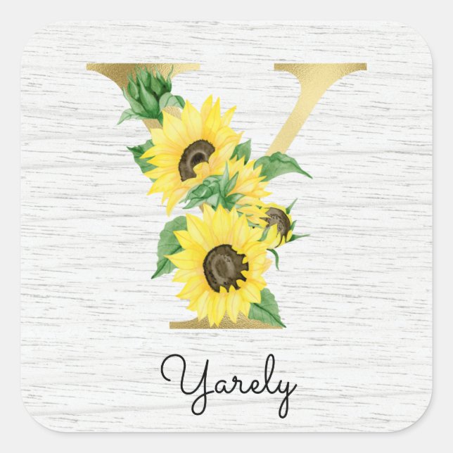 Sticker Carré Monogramme Gold Sunflower Girl Floral Initial Y (Devant)