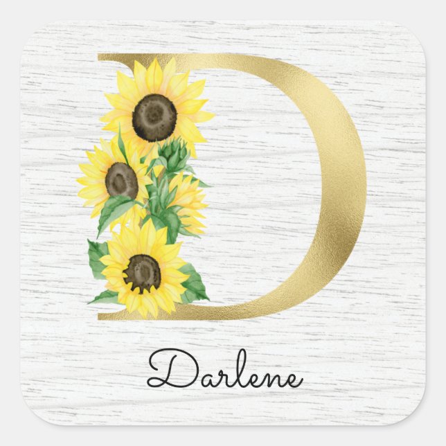 Sticker Carré Monogramme Gold tournesol Girl Floral Initial D (Devant)