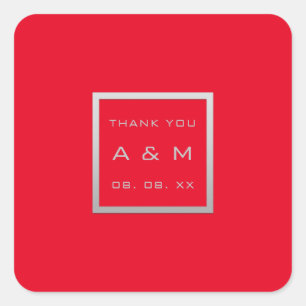 Sticker Carré Monogramme Gris Frame Argent Mariage Rouge