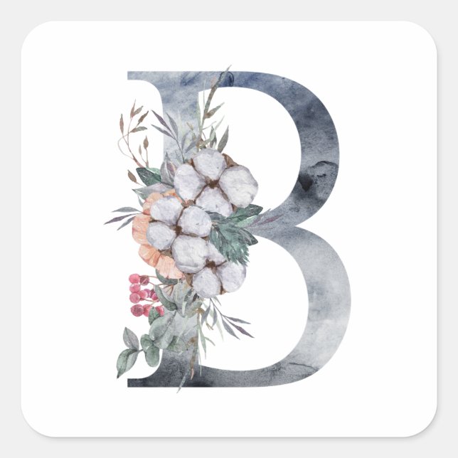 Sticker Carré Monogramme Initial B Floral Bleu (Devant)