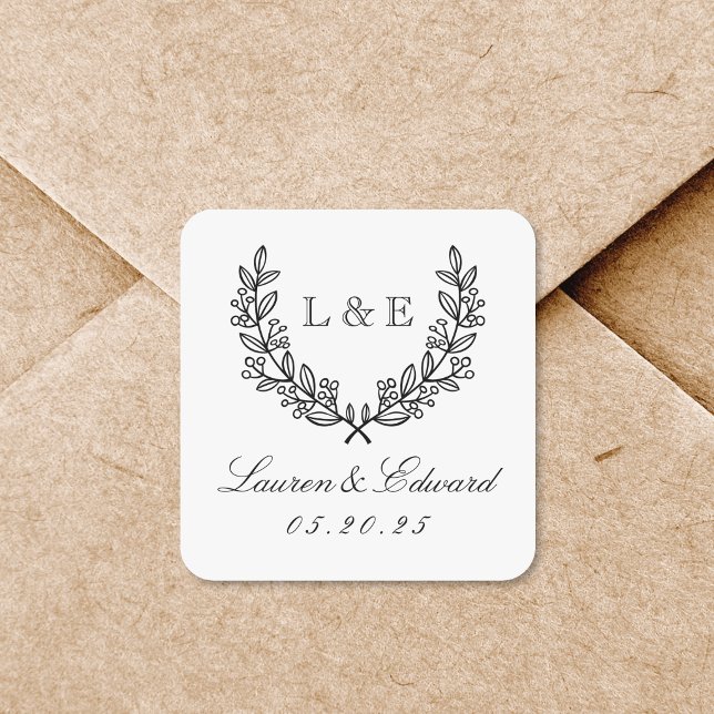 Sticker Carré Monogramme Initial de Mariage Classique Laurier (Créateur téléchargé)