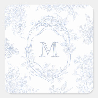 Sticker Carré Monogramme initial Floral Toile bleu Mariage