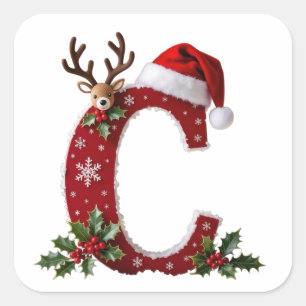 Sticker Carré Monogramme initial personnalisé C renne chapeau de